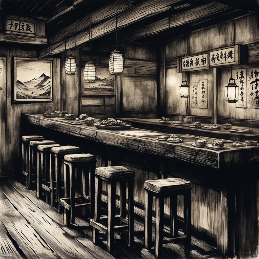 an abandoned sushi bar in black and white sketch Japanese style 