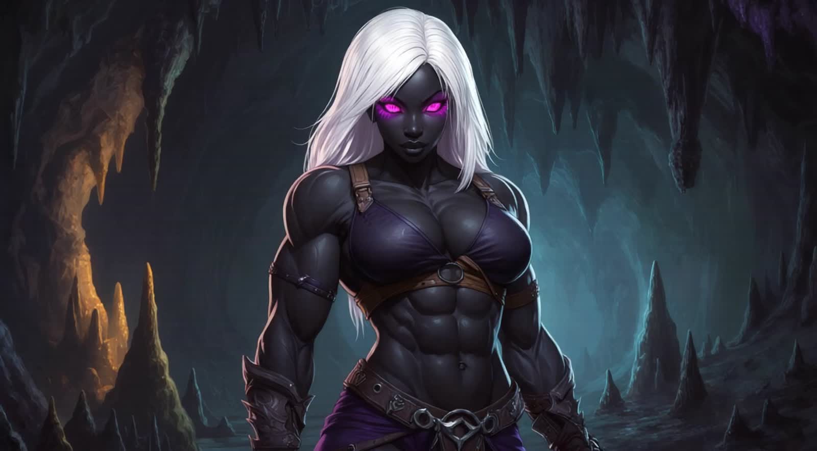 Muscle-bound black skined female  drow with white hair and pink eyes