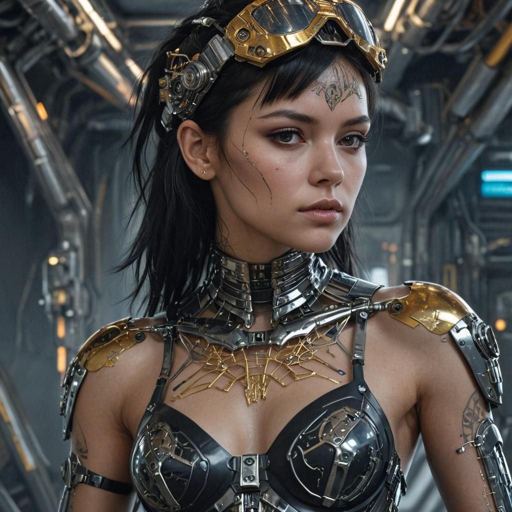 Cyberpunk Woman in Steel with Exposed Cybernetic Endoskeleto...