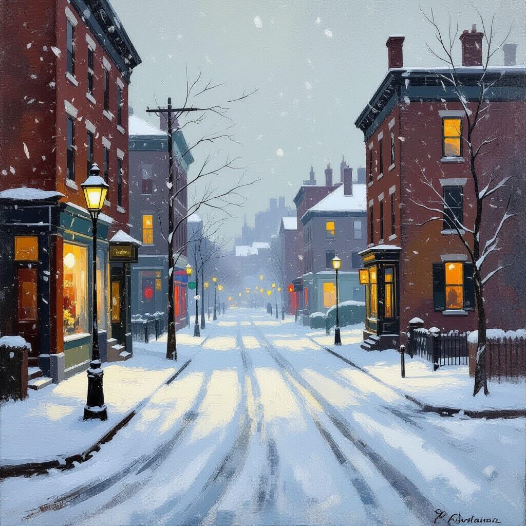 Snowy Deserted Street in Stark Urban Landscape