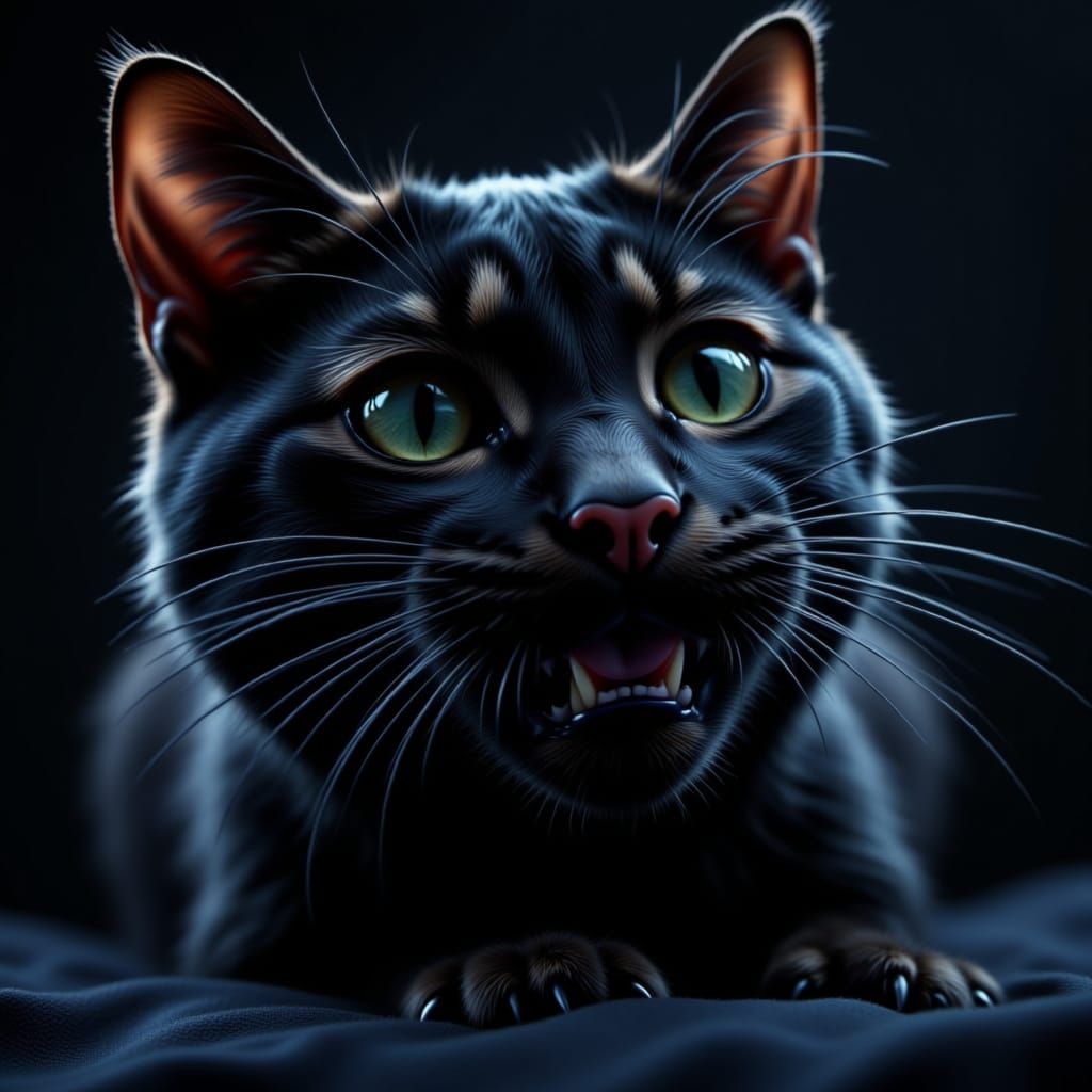 Hyperrealistic 3D concept art. Close-up from below. The head of a Black cat covering its eyes with its front paws, the pads of the feet, the...
