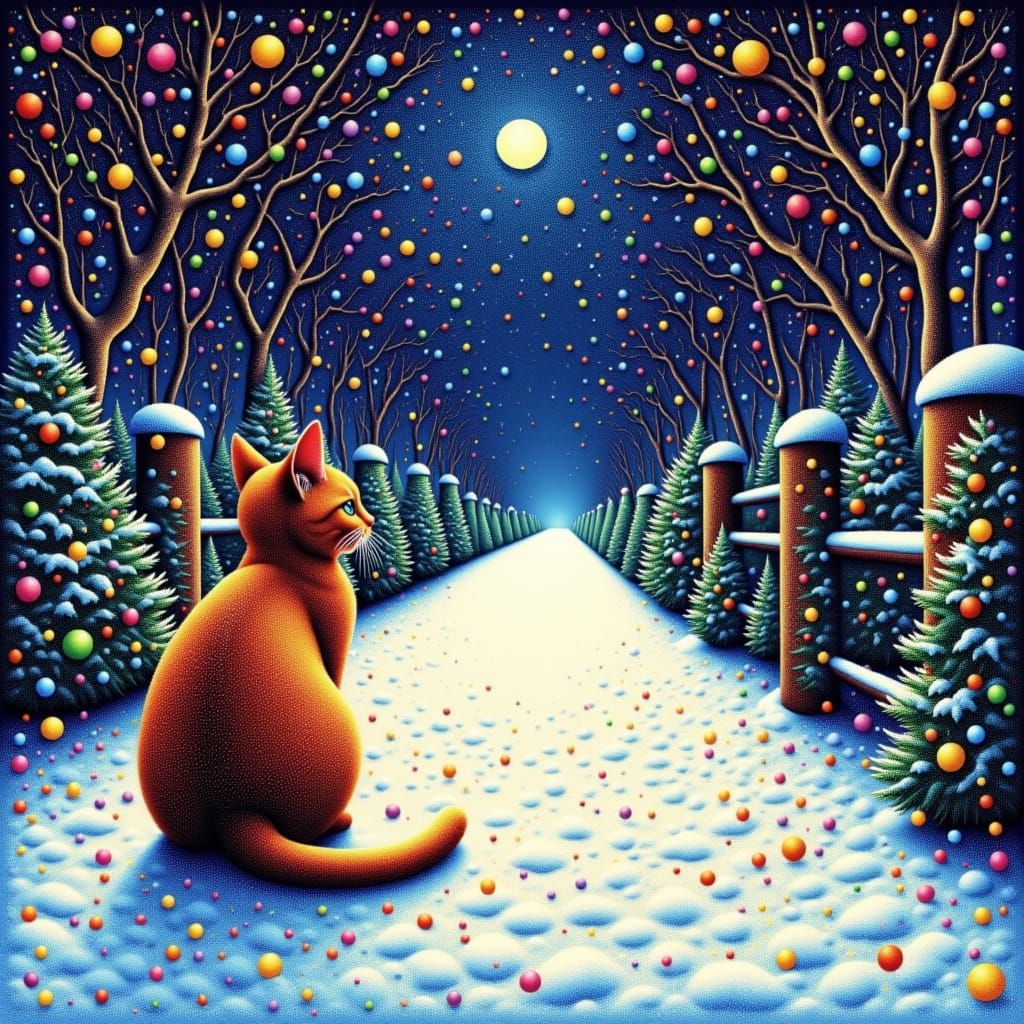<lora:Pointillism 1-01:1.0> Pointillism painting of cat sat on garden path looking down a road in winter at night