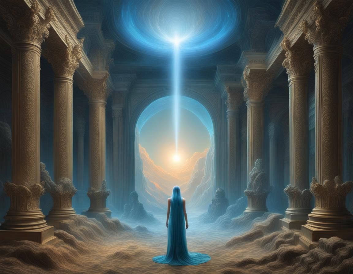 Skin tones, radiant blues, and mystical glows; Hyper-realist...