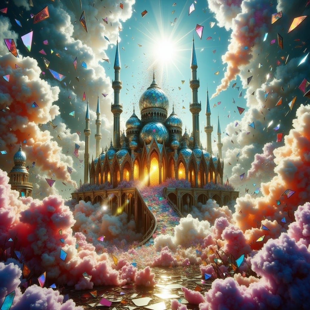 <lora:Shattered v2:1.0>A close-up of a beutiful  claw of mirrors  holding a magical kingdom in a desert of clouds 