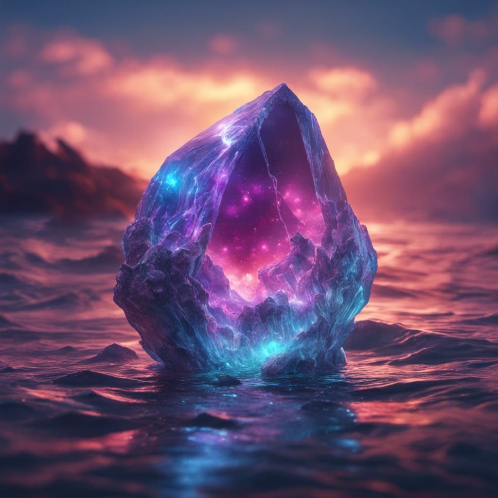 a giant gemstone crystal in the ocean, neon glow inside, long exposures ...