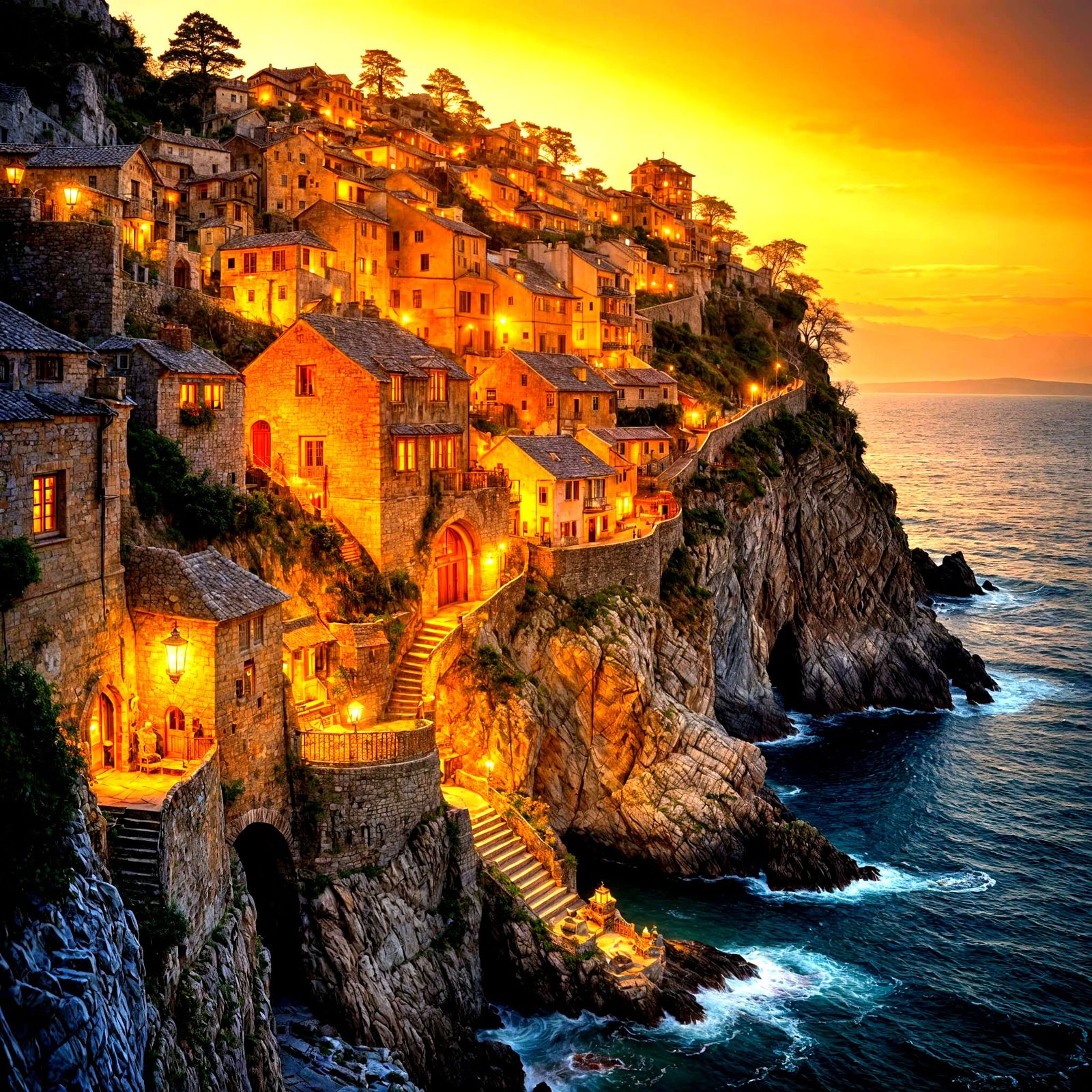 Mysterious Cliffside Town Bathed in Golden Light
