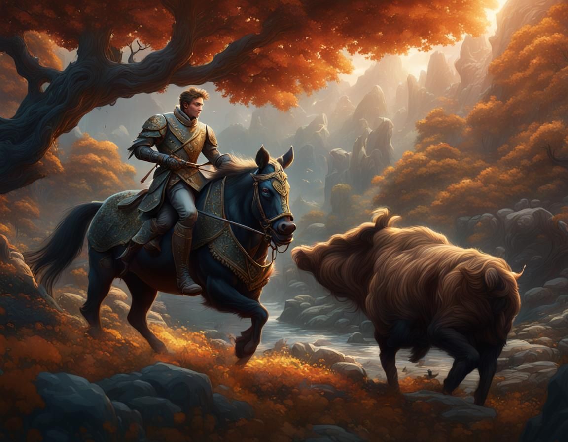 Prince Charming hunting a boar. detailed matte painting, dee...