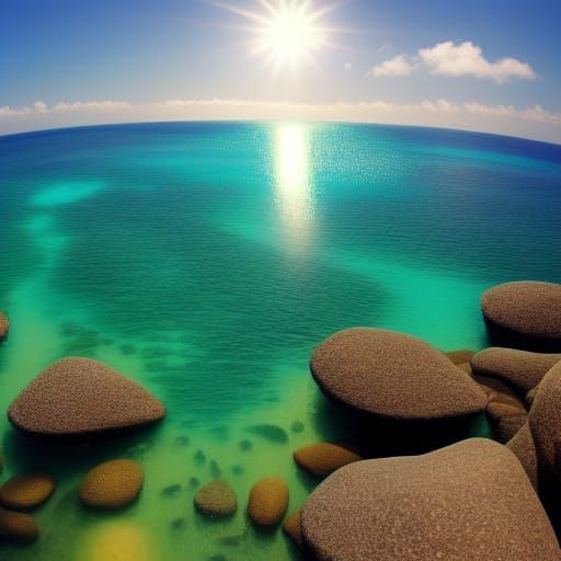a tropical sea under a gleaming silver sun