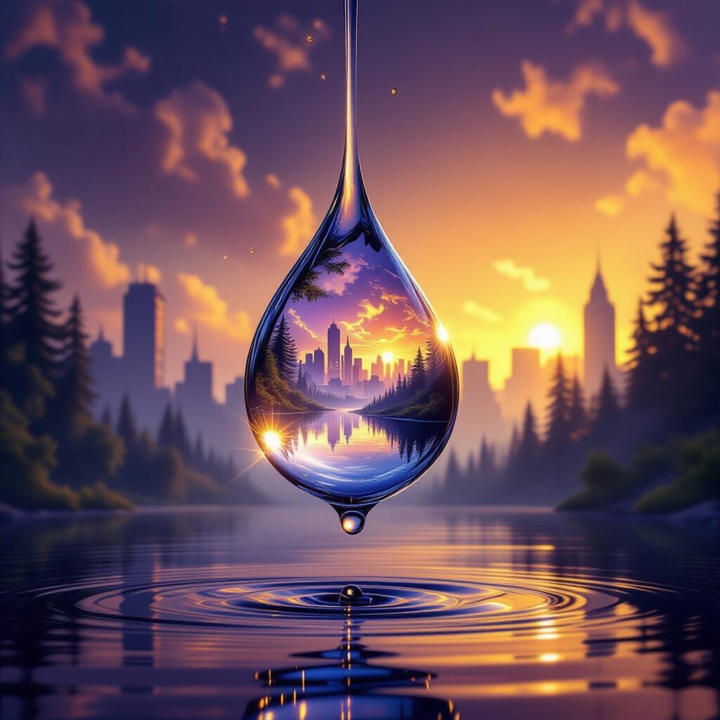 a drop of water hangs in the air, reflecting the sunny city in the background and the misty forest