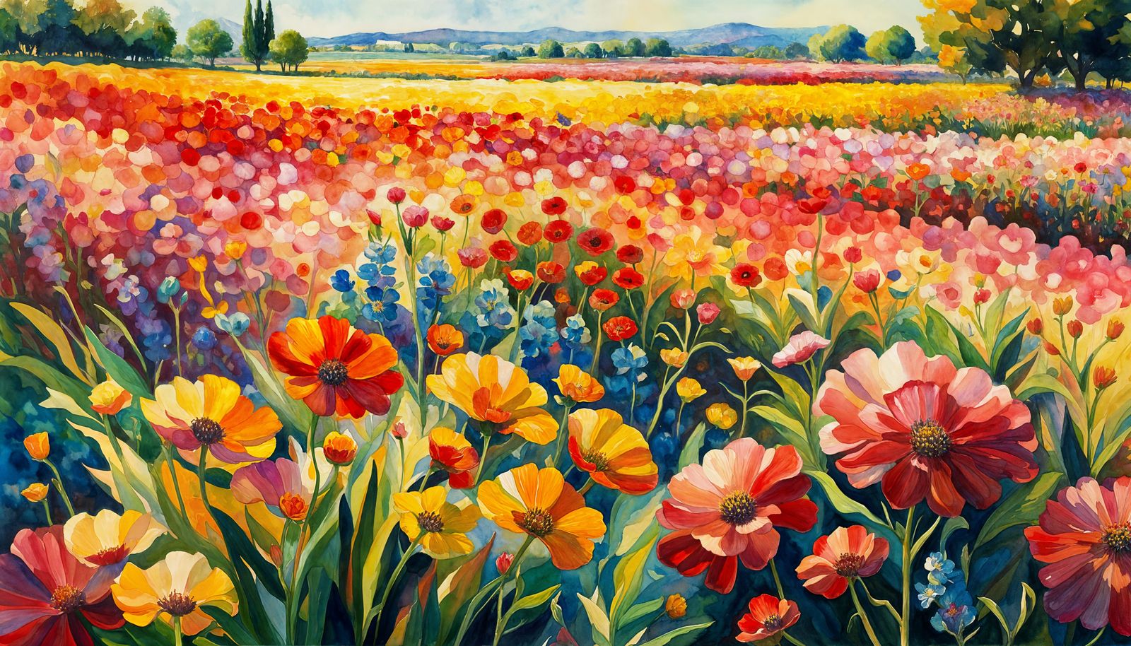 Diverse flower fields with warm sunlight shining down  by @Alan