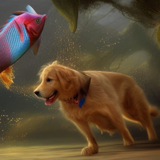 Golden retriever playing catch with a tuna fish that was rec...