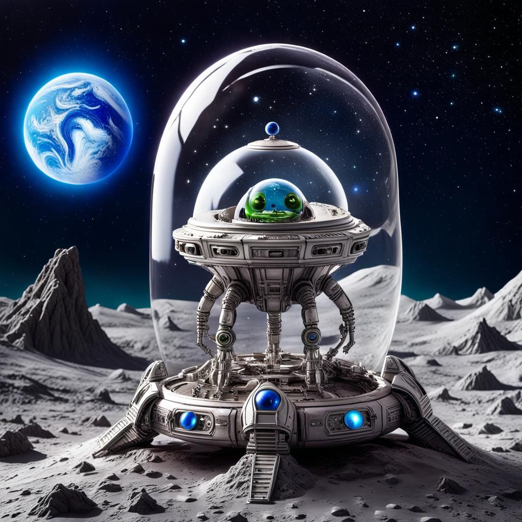 miniature spaceship with glass cap with alien in it on the moon surface ...