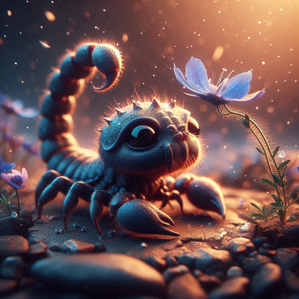 Cute baby scorpion admiring a flower
