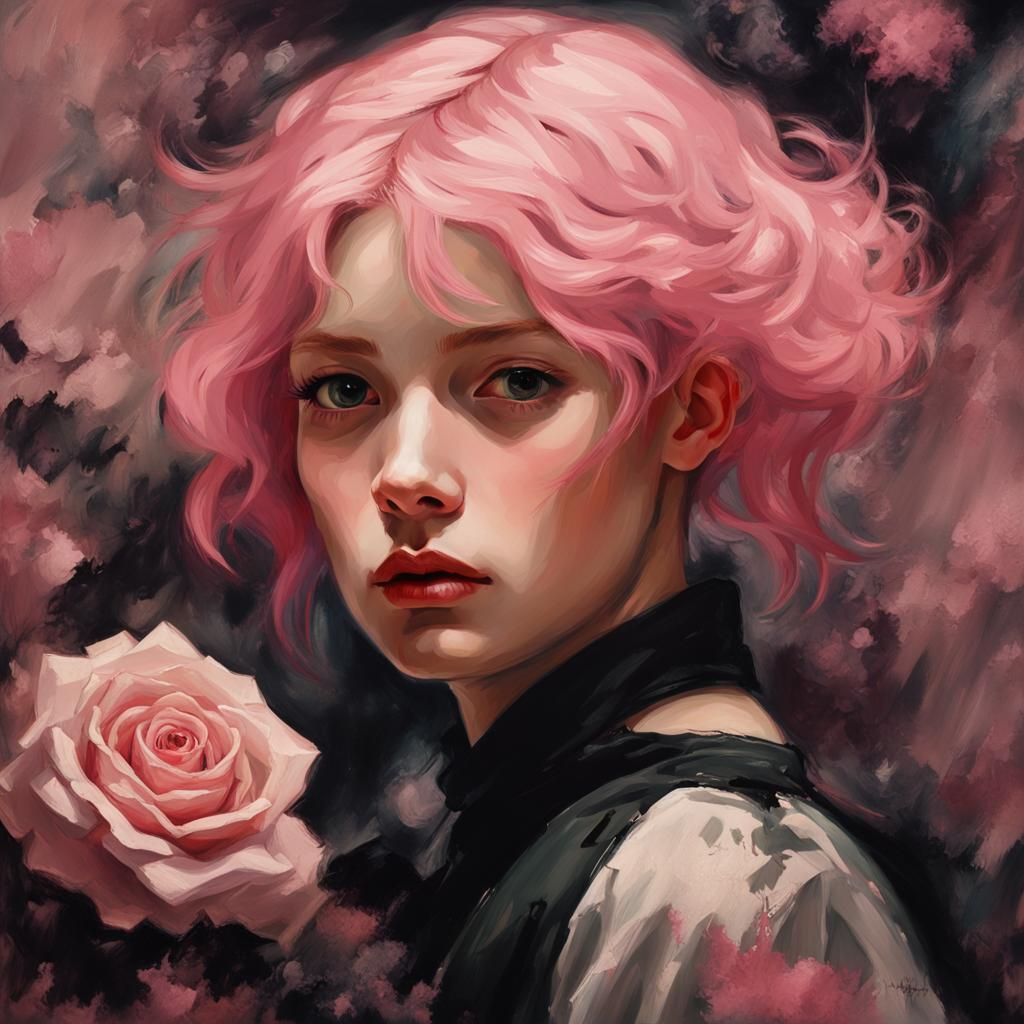 painting close up portrait of a young girl with pink hair, p...
