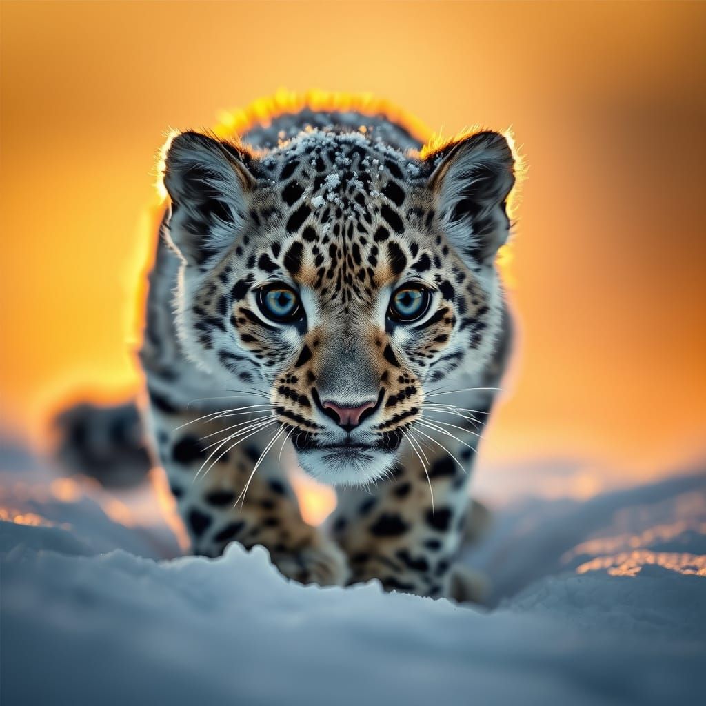 make a baby snow leopard that is prowling through snow at dusk or close up with strike intricate details ...  by @bobby
