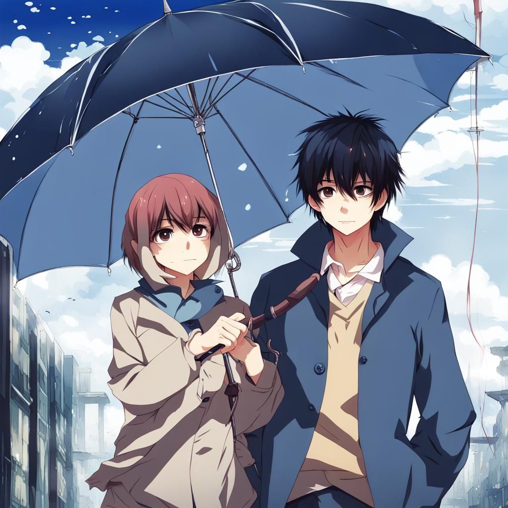 Boy holding umbrella for girl