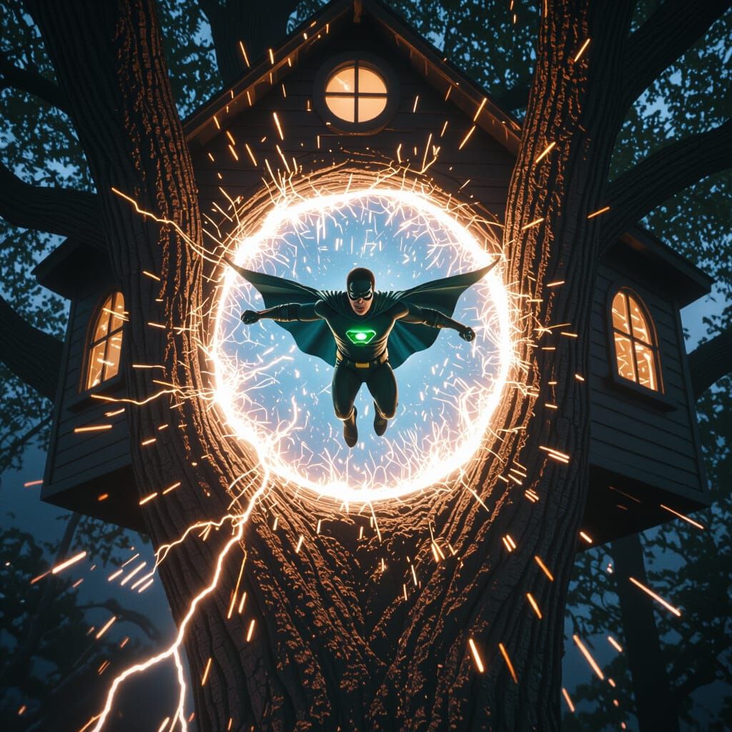 An electrical tree house which has multiverse portal to enter different universe, involving a superhero name Holumayor who have superpower o...
