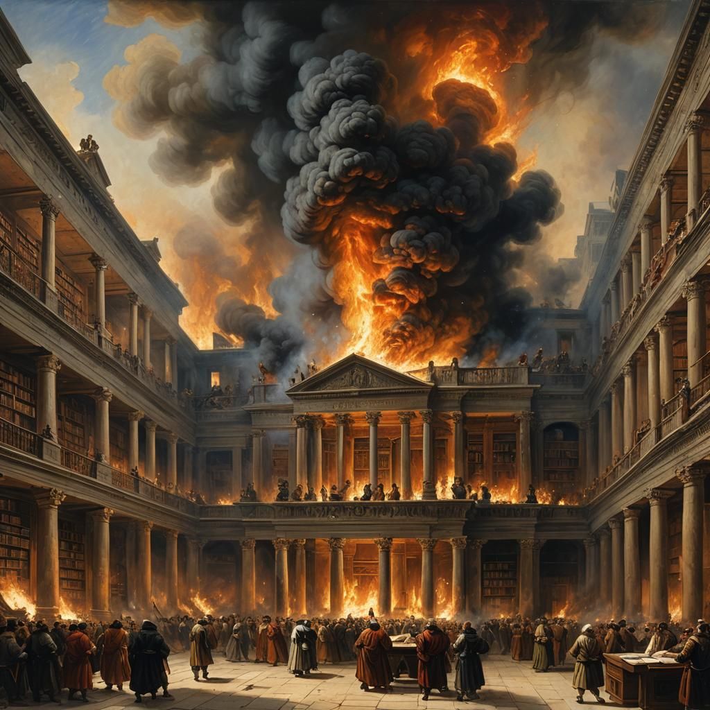 An old 1600s oil painting of the Library of Alexandria on fi...