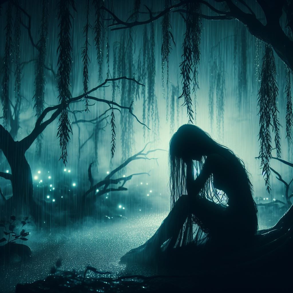 Crying woman in the forest  by @Thefallen