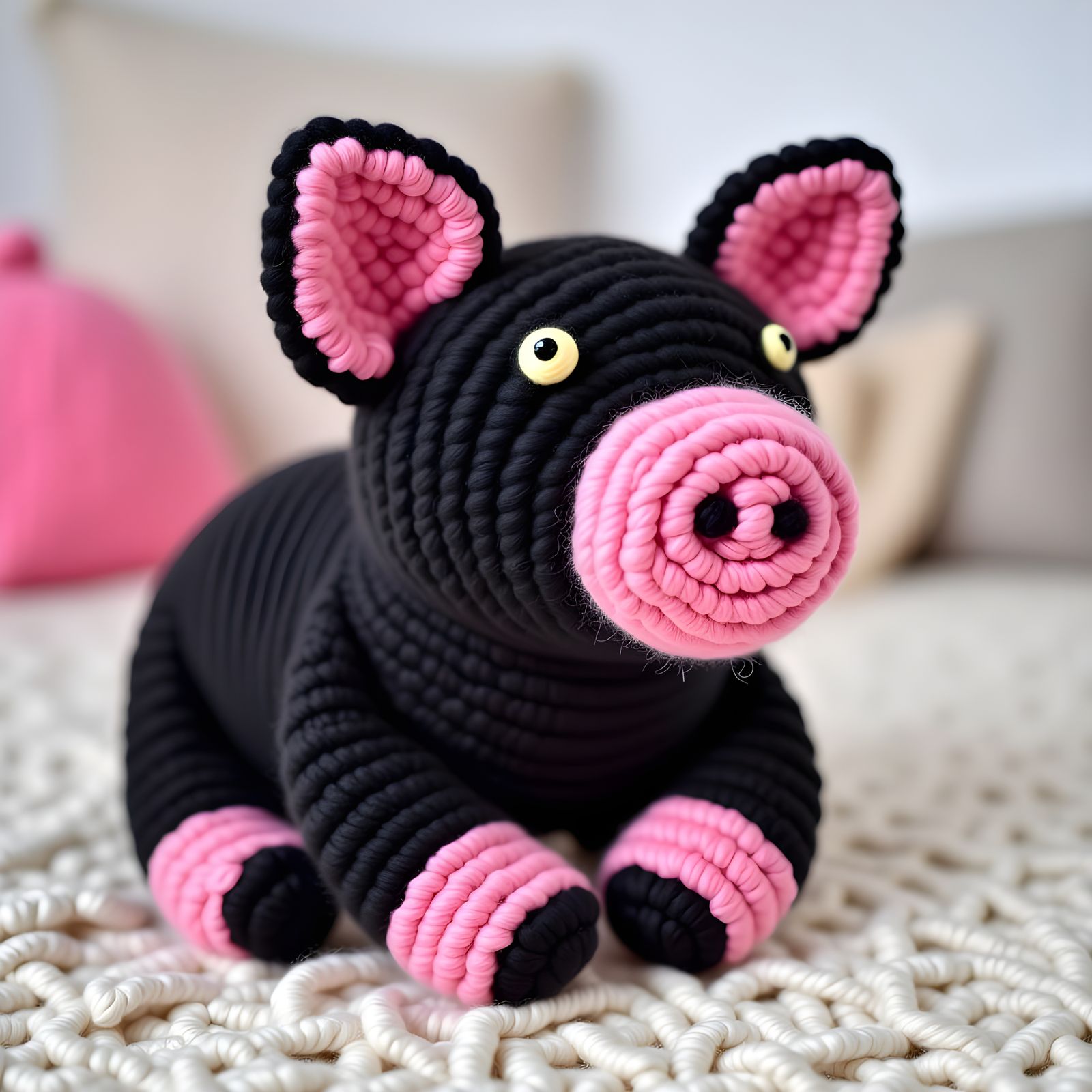 Pink and Black Crocheted Pig in Yarn