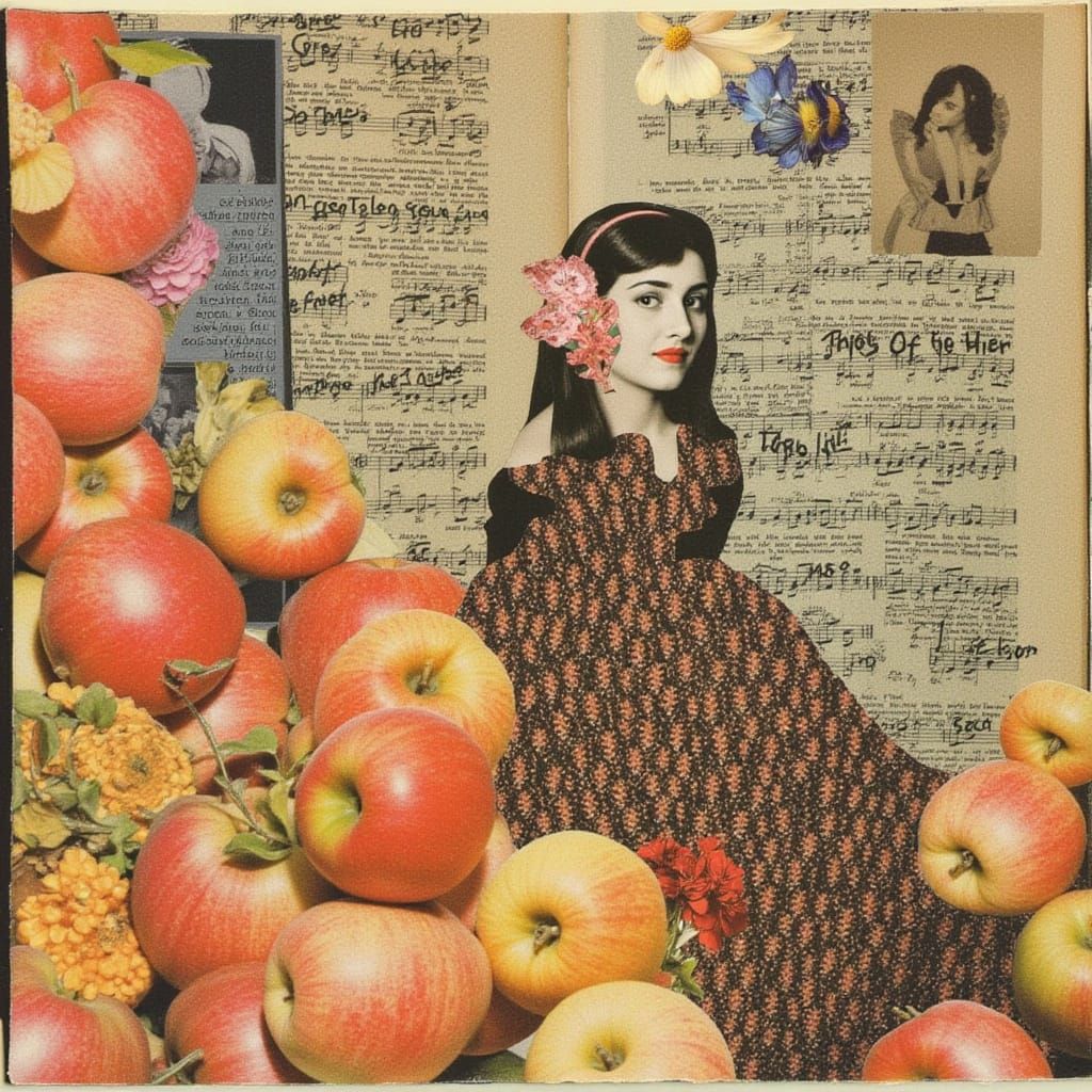 <lora:pleaseworkthistime:1.0> Electric apples linger drawing wealth as sheet music rolls fly, Surrealist paper collage with vintage elements...