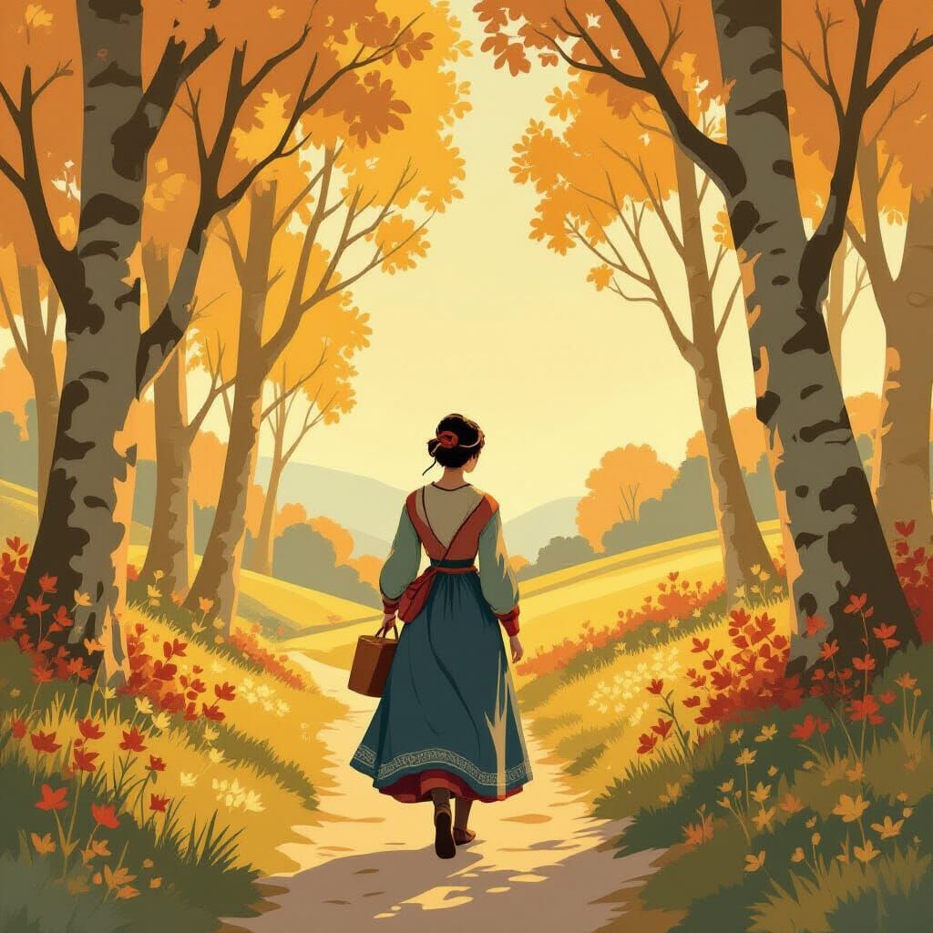 Woman Walks into Golden Landscape in Whimsical Style