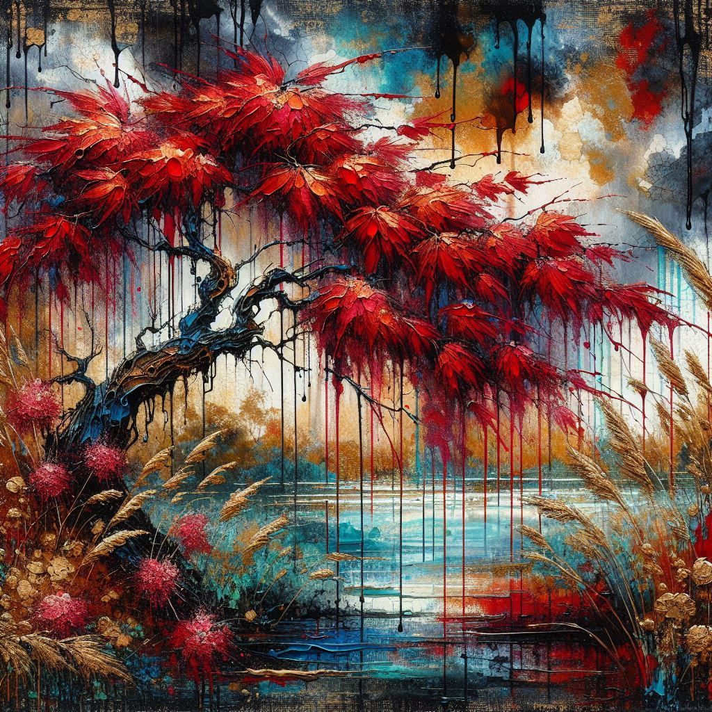 Beautiful Weeping Japanese Maple in a stormy setting   by @Marshas Creative AI Designs