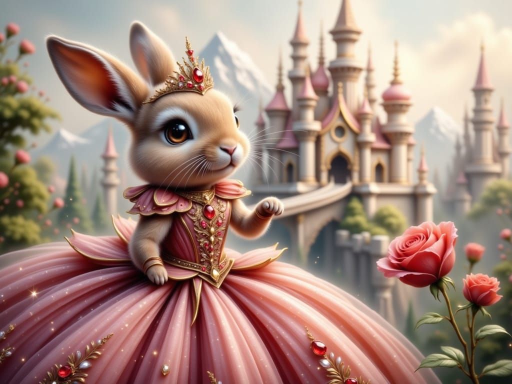 <lora:Velveteen:1.0>  A beautiful brown lop eared bunny is wearing a pink and gold dress studded with red rubies.  On her head she is wearin...