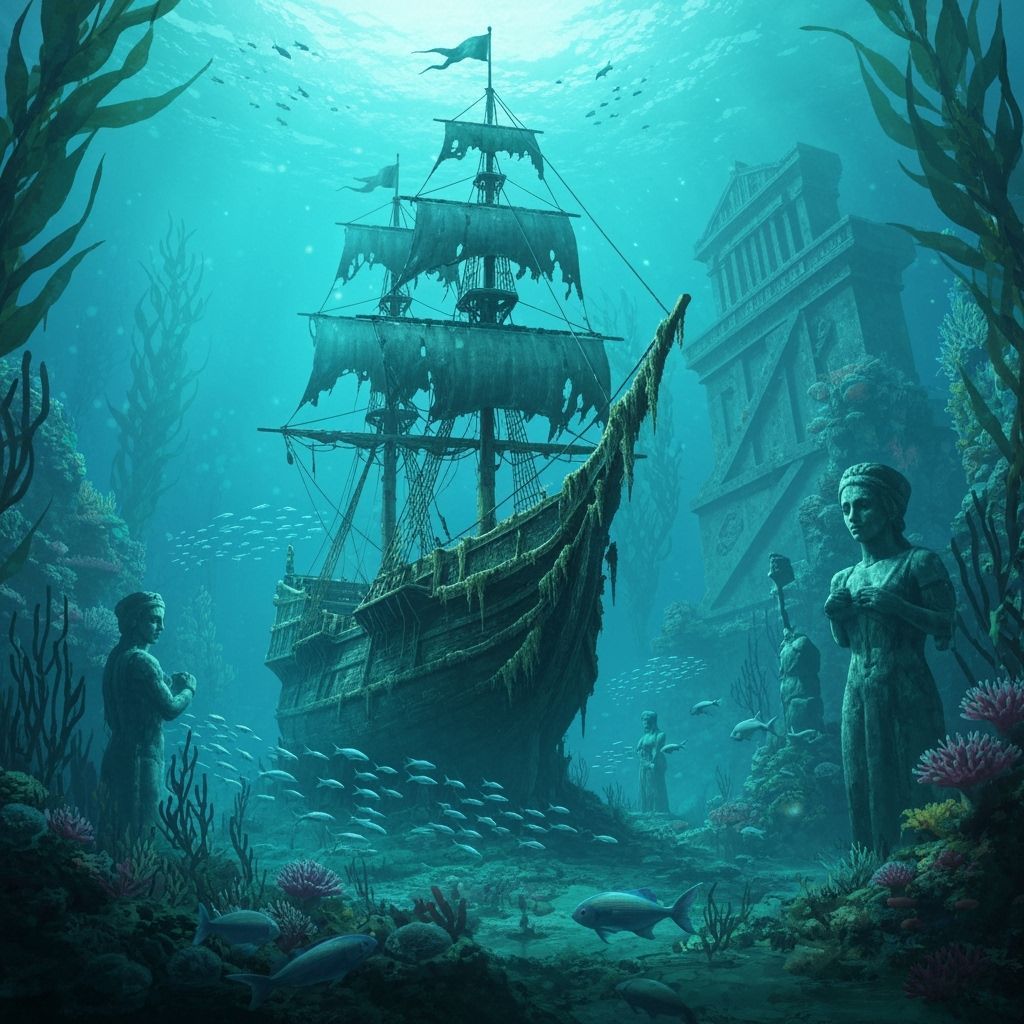 A colossal, barnacle-encrusted galleon rests on the seabed, its sails in tatters, surrounded by schools of bioluminescent fish and ancient, ...