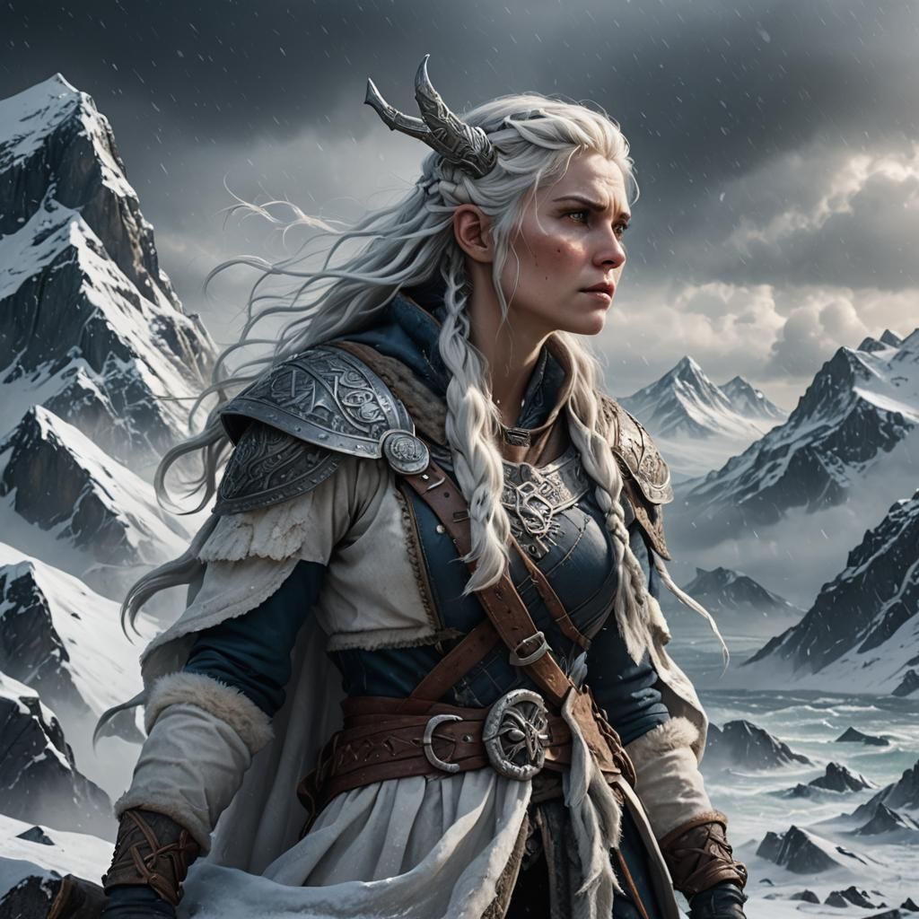 Woman Viking in blizzard