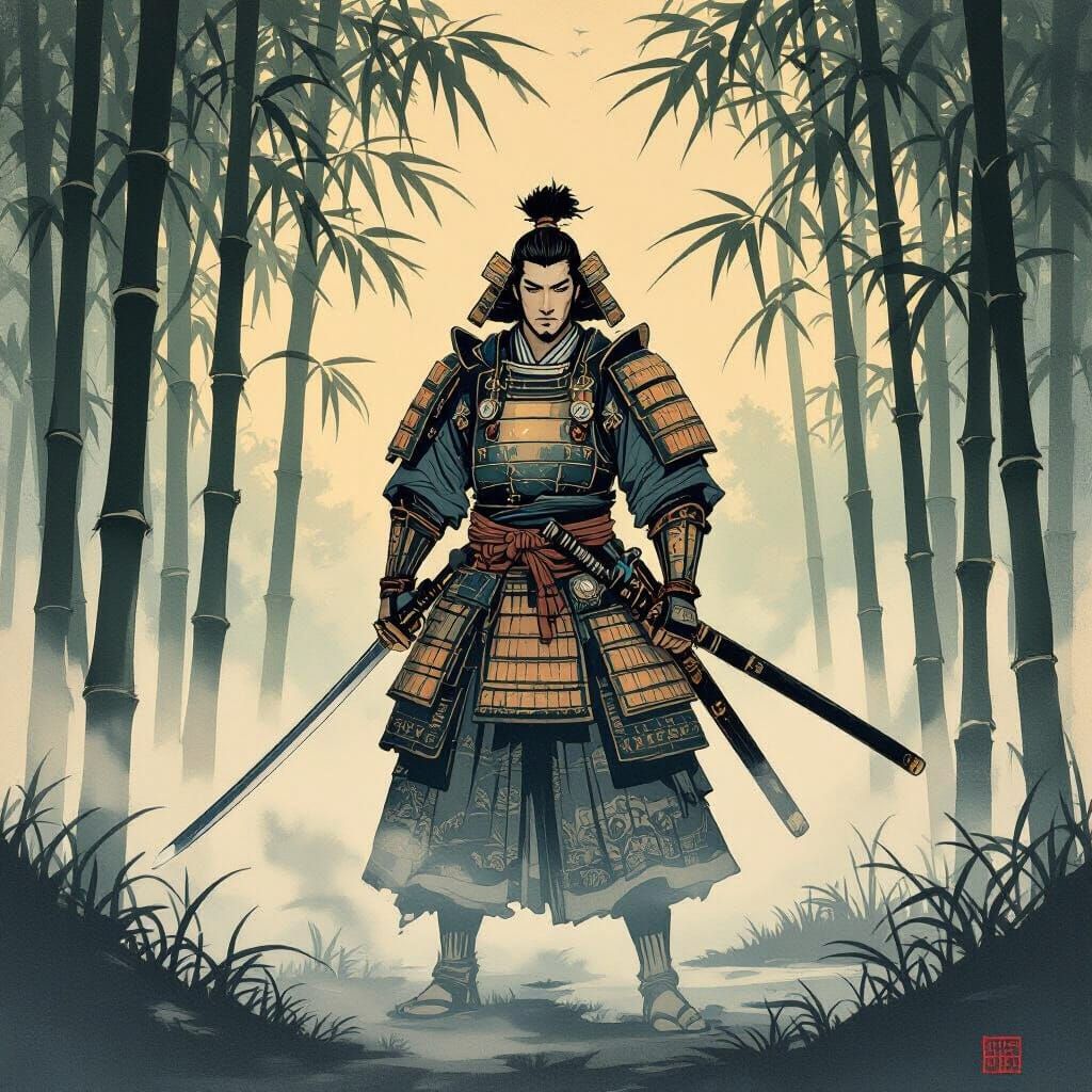 Samurai in Bamboo Forest, Ukiyo-e Style