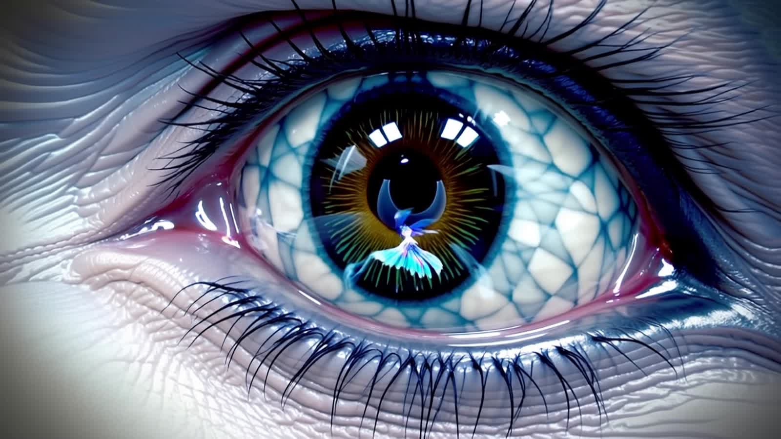 Micro-macro photography, extreme close-up, a single hyper-detailed eye with a 3D checkered pattern and is blinking, Medi...