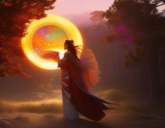 sunset-Wizard hybrid woman in magical network in warped pers...