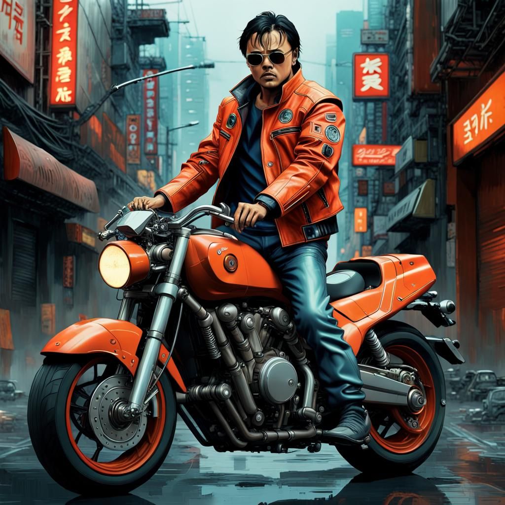 "Leonardo di Caprio" in 2060 years  an orange leather jacket...