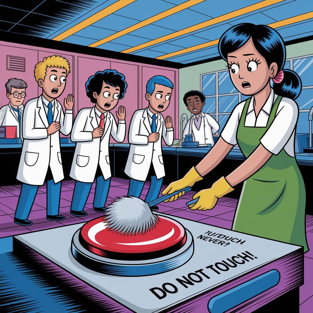 An experimental laboratory ; several scientists are panicking because the cleaning lady wants to clean ...  by @Didier B