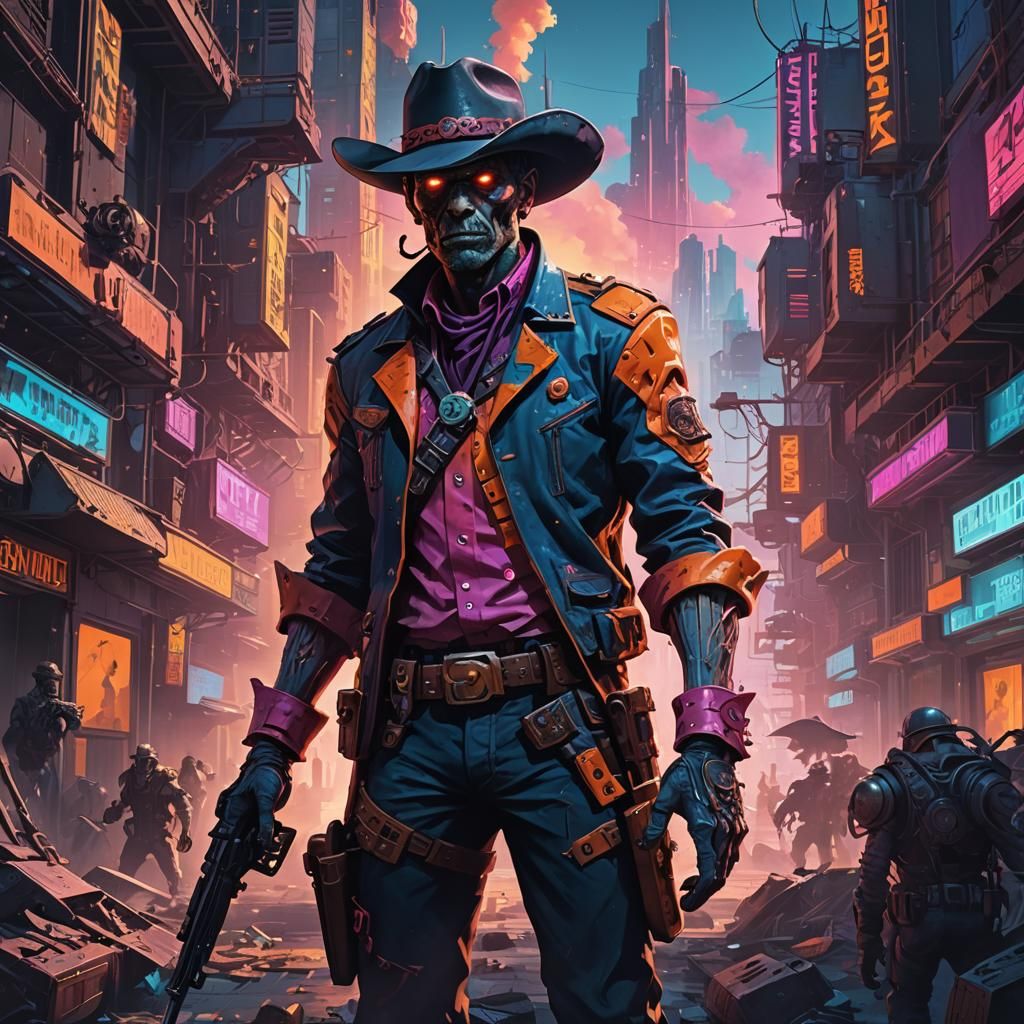 shadowy high contrast, portrait, zombie cowboy, retro futuri...