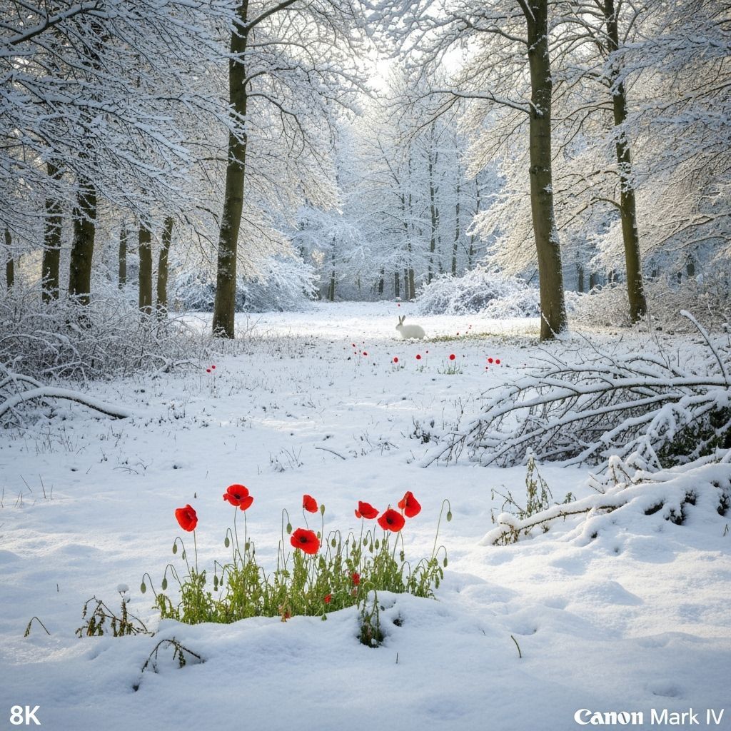 Hyperrealistic photo. 8K. Canon Mark IV. Forest clearing. Freshly fallen snow. A few bright red poppies peek out from the snow. Snow-covered...