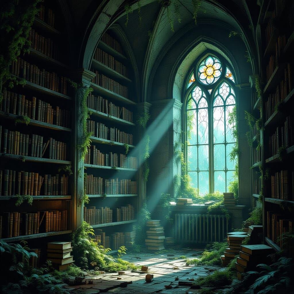 An ancient, overgrown library where books are made of intricately carved wood and the shelves are lined with glowing, ethereal fungi. Sunlig...