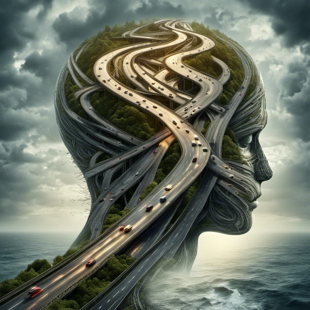 <lora:Road-SDXL-V2:1.0>  Head with roads going in, double exposure roads inside the head, insanely detailed Hd photography, something about...