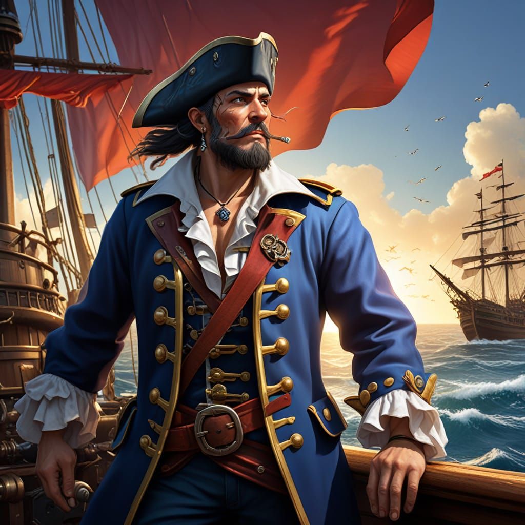 Pirate Captain Cries on Ship Deck in Comic Art Style