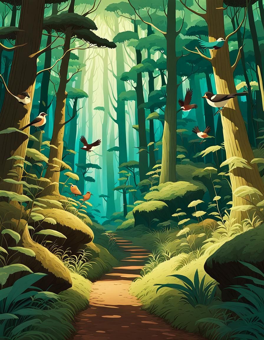 An illustration of a whimsical forest scene, rendered in dig...