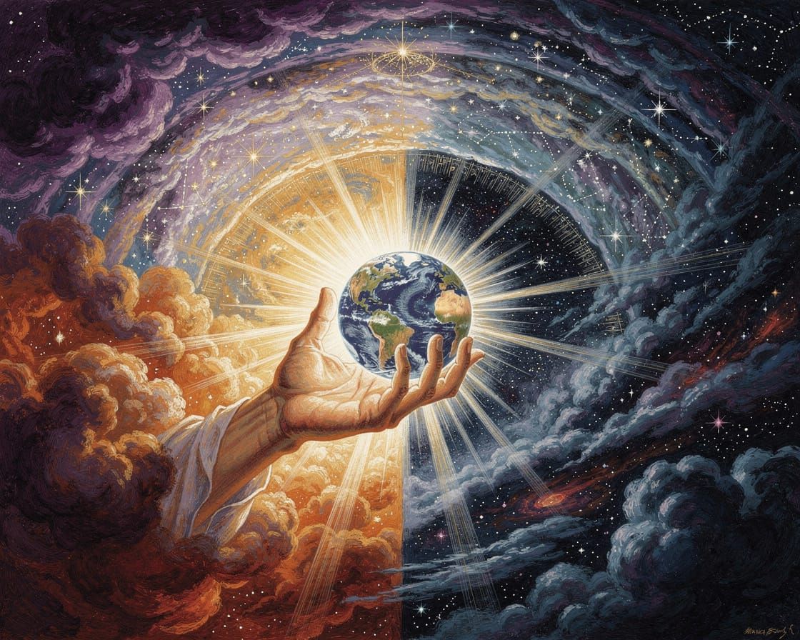 In the beginning, the earth drifted in shapeless silence — a boundless void cloaked in shadow.  
Over the deep, unseen currents stirred as t...