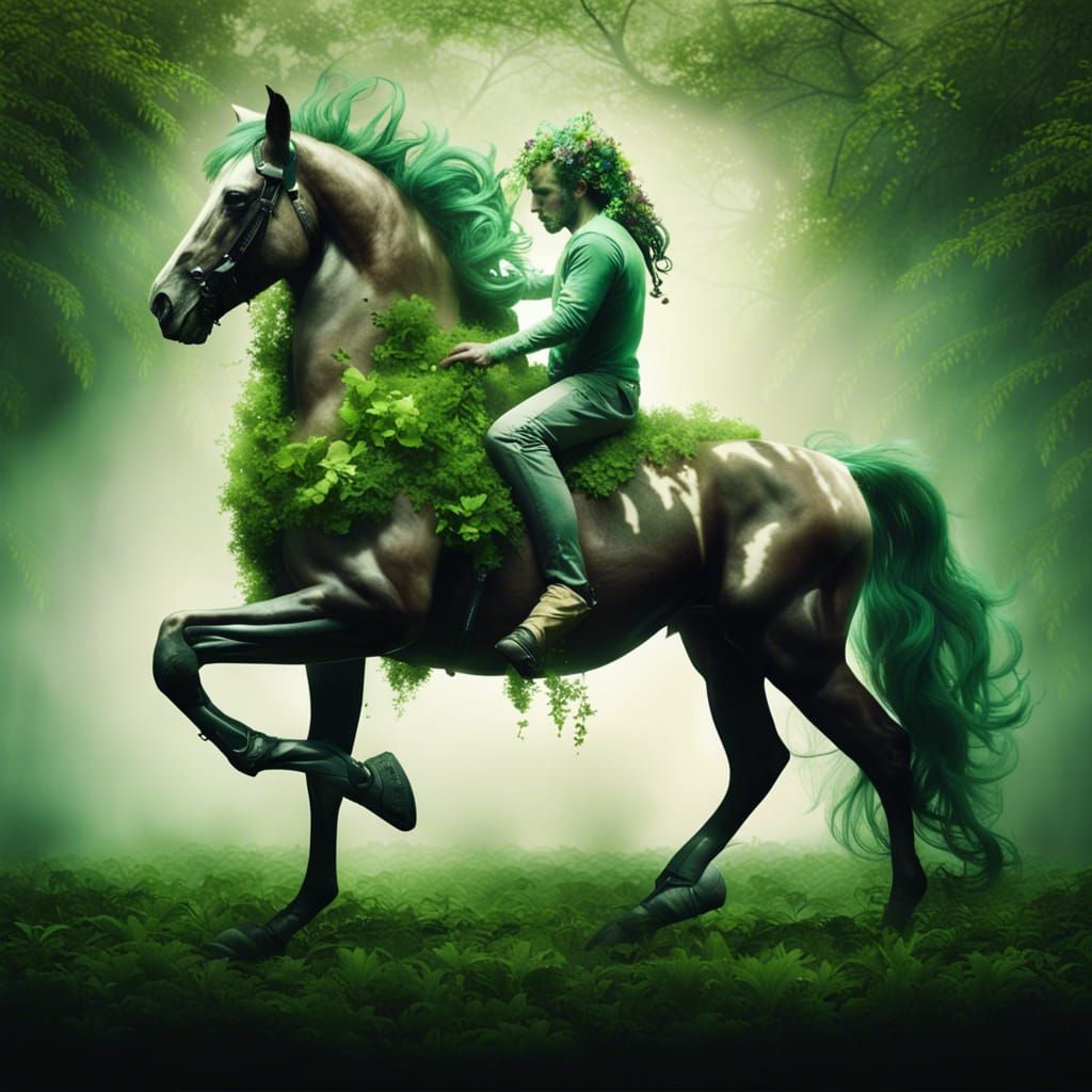 A Centaur, half man half horse in a lush green forest, swirling leaves