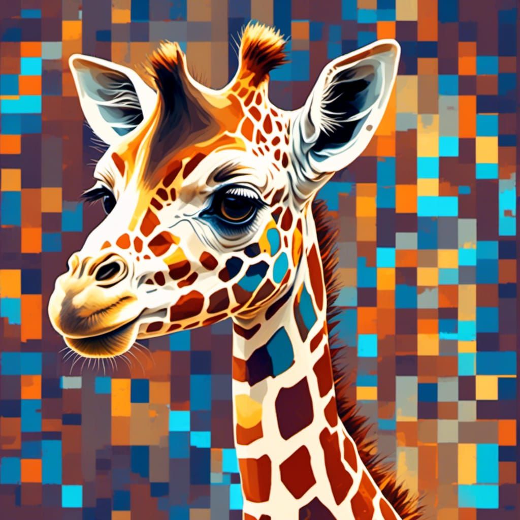  <lora:DistressedPixelation:1.0> An adorable baby giraffe, pixelated