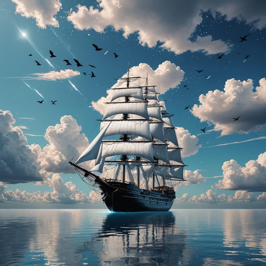 ship with white sails in a blue sea without waves, the ship ...