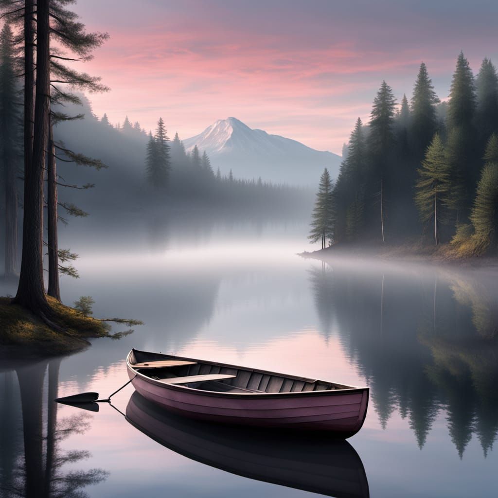 wooden rowboat floating on a still lake at dawn