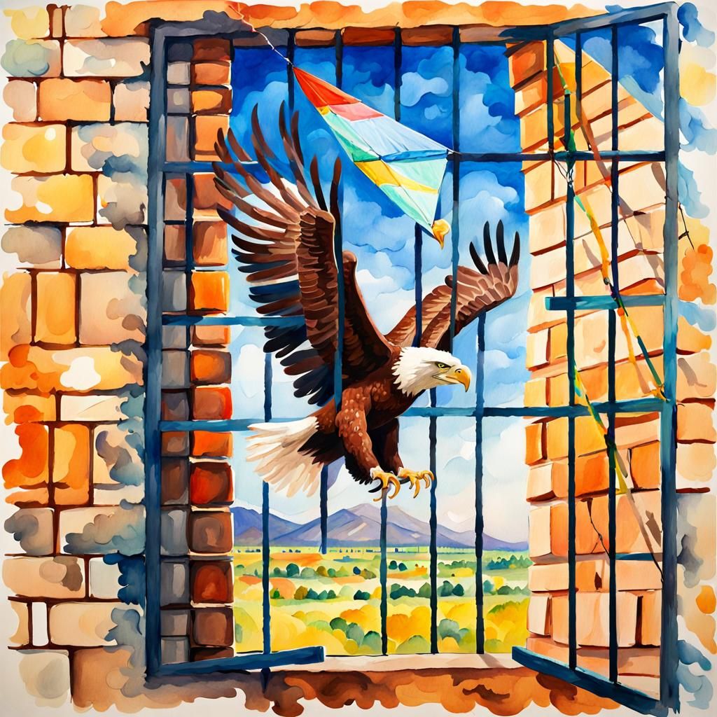 An eagle flying past a kite over a prison cell window