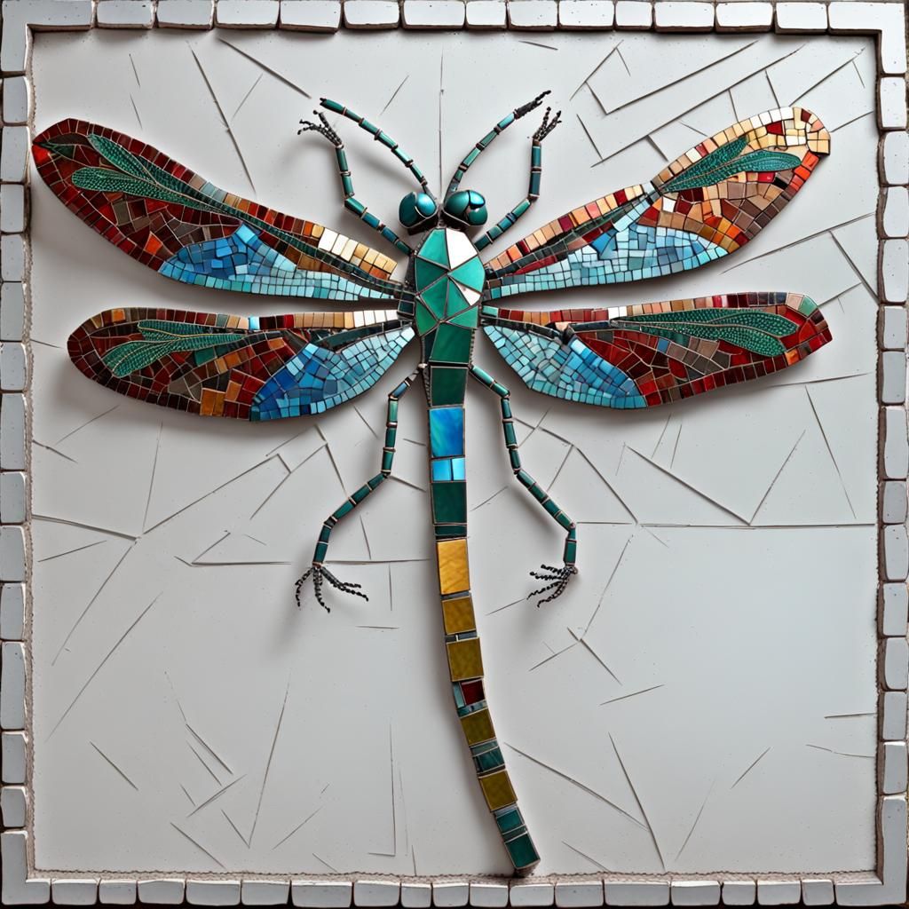 mosaic of a dragonfly using bits of metal 3D  by @Lady of the Thorns