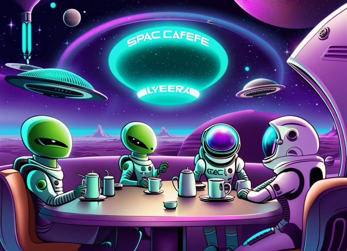 Alien & astronauts enjoying a good time at the Satellite Spa...