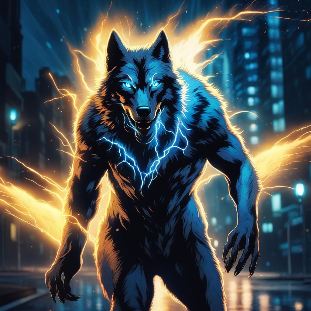 Heroic Wolf in Marvel Comic Style Cityscape